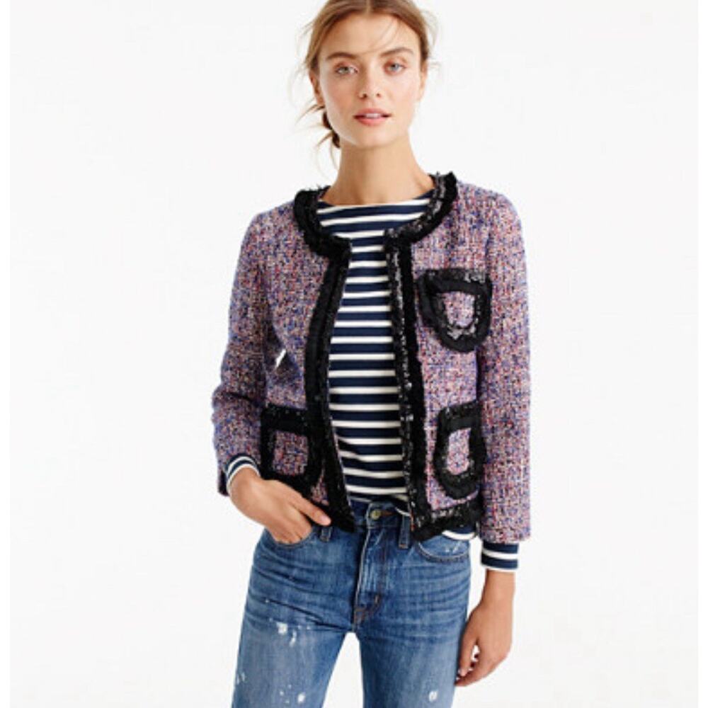 J. Crew Wool Tweed Lady Blazer Sparkly Sequin Fringe Modern Preppy Chic Size 4